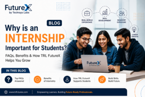 Students collaborating on a laptop while learning practical skills through internships and project-based training at TRL FutureX