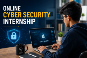 Student participating in an Online Cyber Security Internship, learning network security, penetration testing, and cyber defence through remote practical training.