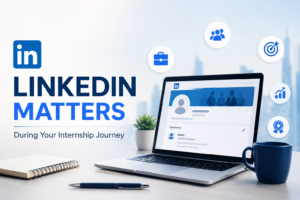 Student sharing internship experience on LinkedIn to build professional branding and discover internship opportunities.