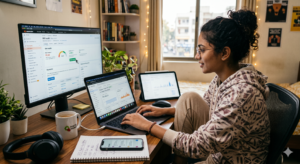A young female intern working at her home desk with a laptop and monitor, analyzing an SEO audit dashboard and live ad campaign data for her online digital marketing internship.