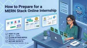 An engineering student building web development portfolio projects with MongoDB, Express, React, and Node.js logos visible, preparing for a MERN Stack Online Internship with TRL FutureX.