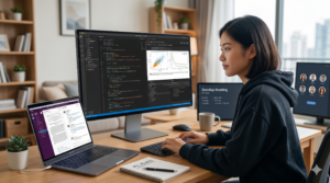 A university student working on a laptop displaying Python code and machine learning data visualizations in a remote workspace. Securing an AI/ML online internship is one of the most effective ways for students to bridge the gap between classroom theory and industry deployment. Because software development, data pipelines, and cloud computing live entirely on remote servers, artificial intelligence and machine learning roles are uniquely suited for a virtual environment. If you are a student preparing for your first remote technical role, understanding the daily workflow of an AI/ML online internship will help you hit the ground running. Here is a realistic look at the day-to-day tasks, essential tools, and core workflows you will encounter.
