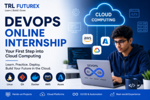 Student learning cloud computing through a DevOps Online Internship using AWS, Azure, Linux, Git, and Docker.