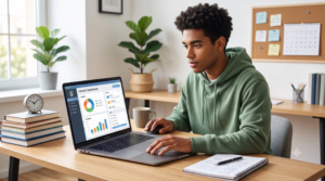 Student managing college classes and an online internship on a laptop at a organized desk